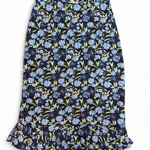 Christopher & Banks Navy Floral Midi Skirt with Blue & Yellow Blossoms